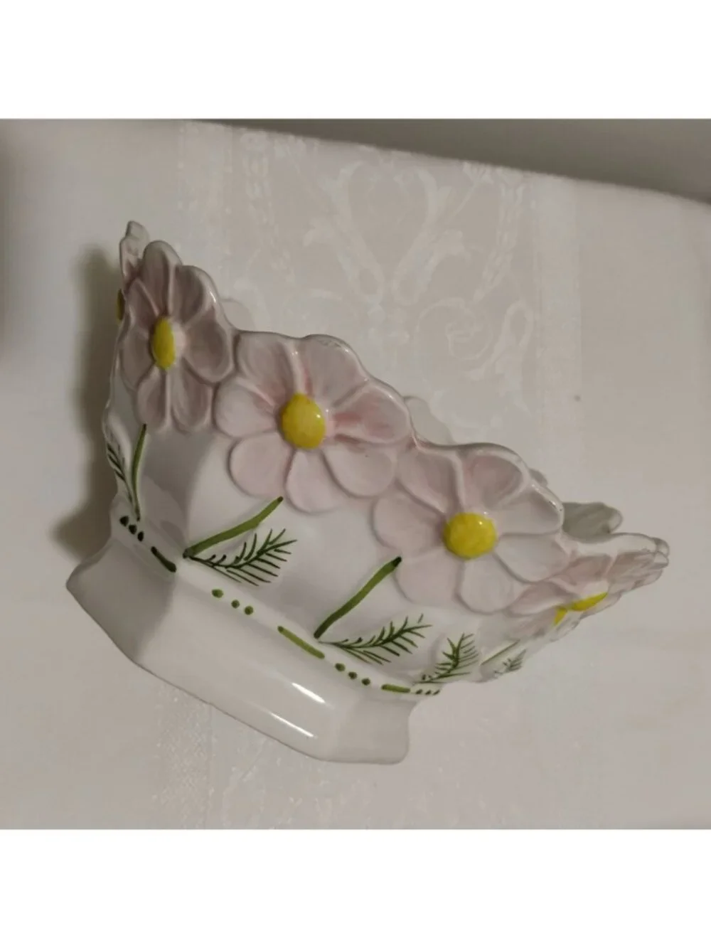 Vintage Portuguese Majolica Pink Daisy Ceramic Planter Cachepot Bowl Pot 8”